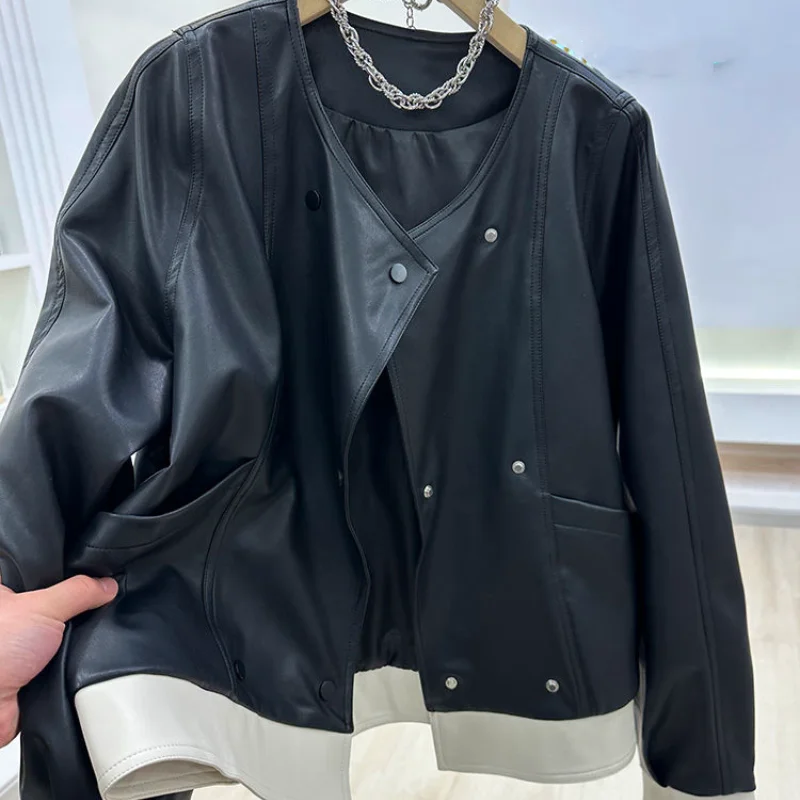 레트로 대조 색상 짧은 PU 가죽 재킷 여성용 봄 가을 2023 새로운 세련된 느슨한 서양화 캐주얼 자동차 코트
