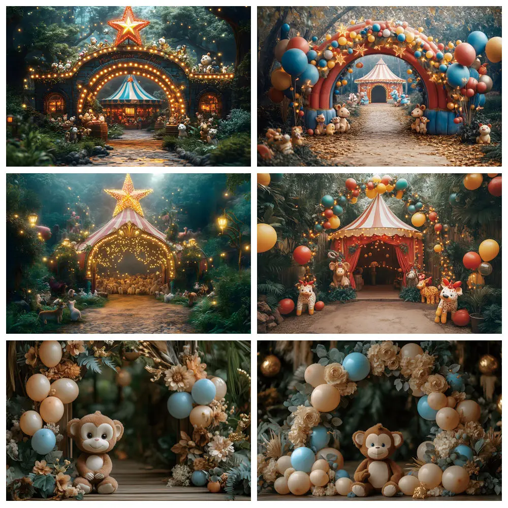 

Circus Show Backdrop Safari Jungle Animal Carnival Balloons Striped Tent Baby Shower Kids Birthday Party Photography Background