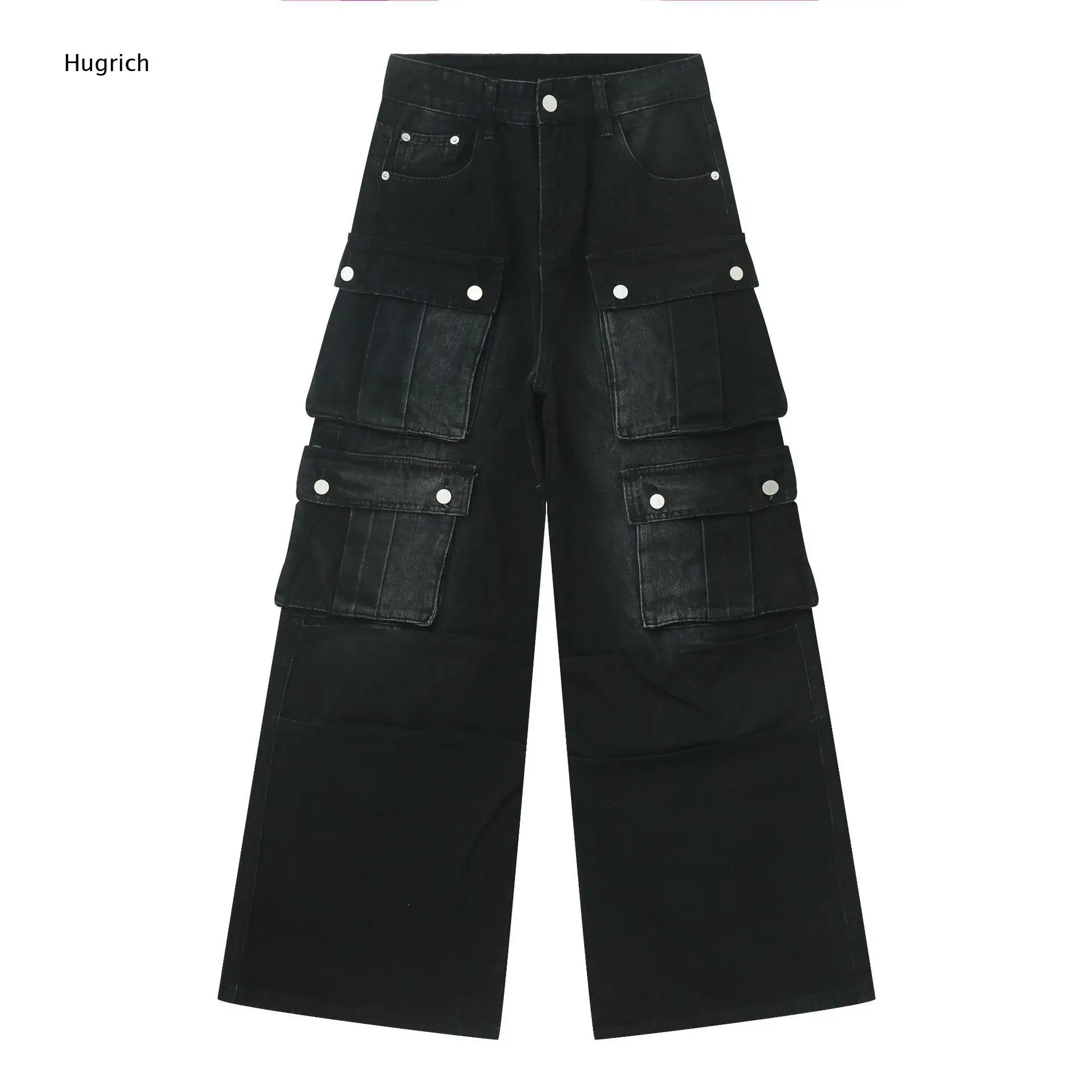 Antique Distressed Oversized Snap Flap Cargo Pockets Loose Baggy Outdoor Daily Work Casual Denim Pants