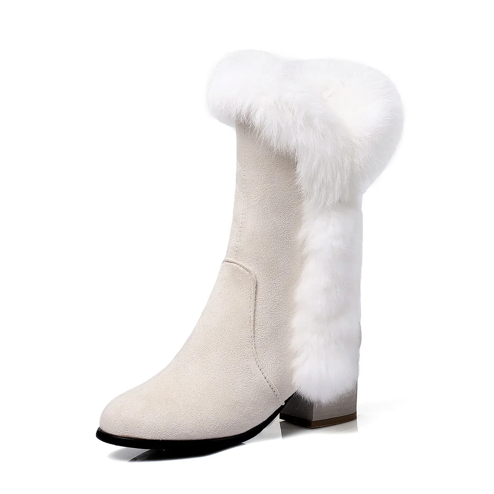 Hot Sales New Cold Black Beige Women Snow Boots Rabbit Fur Lady Winter Nude Ridding Shoes Med Heel Plus Big Size 10 32 45