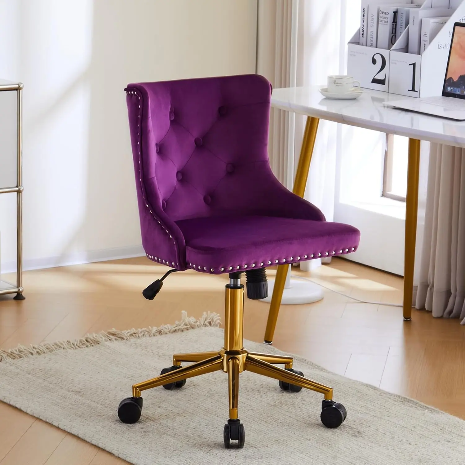 

Dark Purple Armless Home Office Desk Chair with Gold Base/Wheels, Small Cute Vanity/Makeup Chair with Back for, Customized