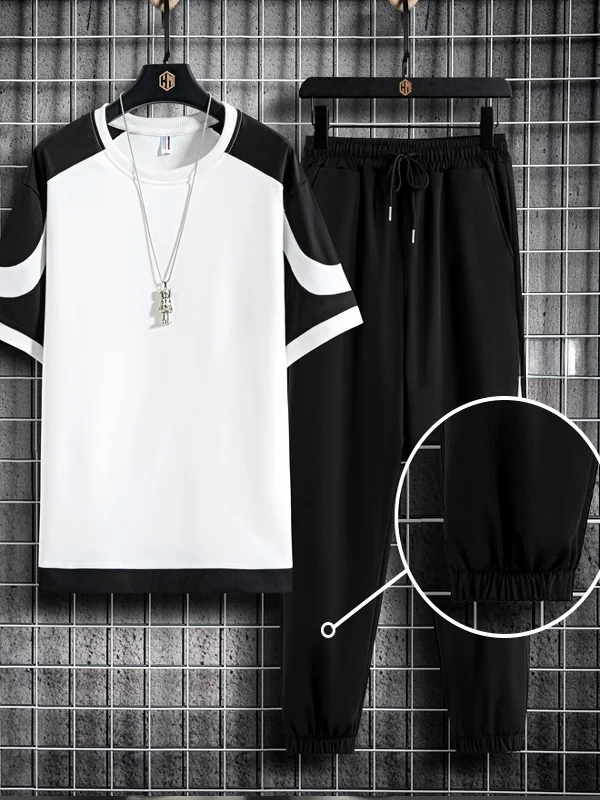 

Повседневный спортивный костюм для мужчин: летний комплект из футболки с коротким рукавом и длинных брюк из полиэстера, молодежный, модный