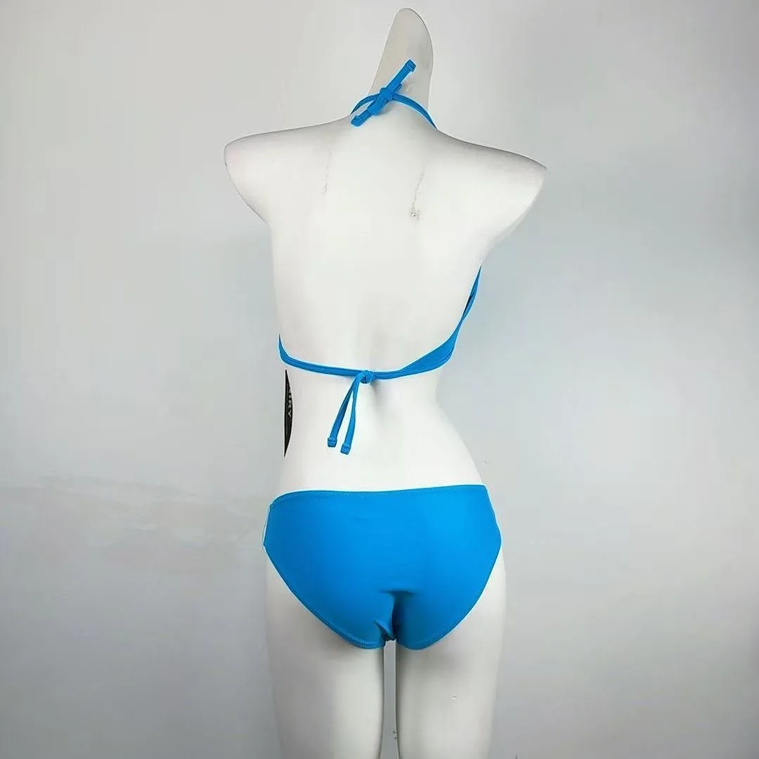 Bright Blue Butterfly Embroidery Underwire Halter Bikini Set Women Mid Rise Beach Swimwear Bathing Suit