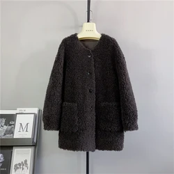 Lady Sheep Shearling Round Neck Coat Women Curly Wool Fur Fall and Winter Warm Loose Jacket PT446