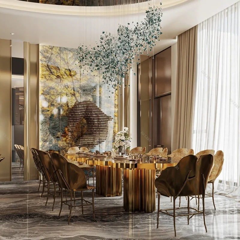 New Customized Dining Set Luxury Brass Bionic Tree Ring Cast Brass Leisure Chair Living Room Villa Hotel Exhibition Leather