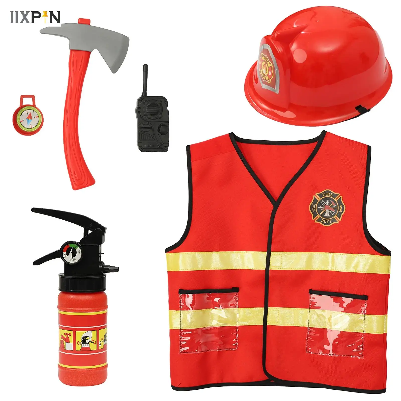 Kids Firefighter Cosplay Little Fireman Firemen Costume For Boy Child Halloween Carnival Party Red Fire Drill Costumes Hat Kit