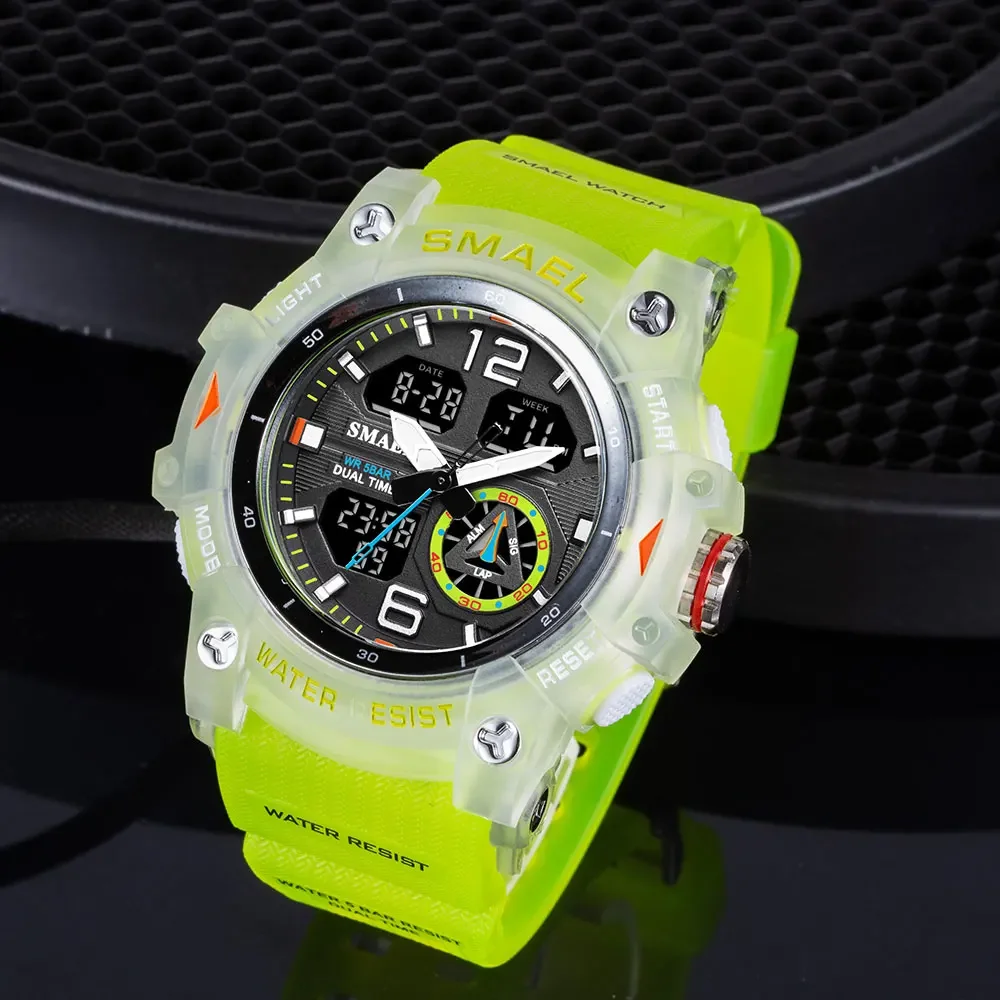 SMAEL Outdoor Transparent Watch Men\'s Outdoor Cool Dual Display Waterproof Glow Electronic Watch 8007