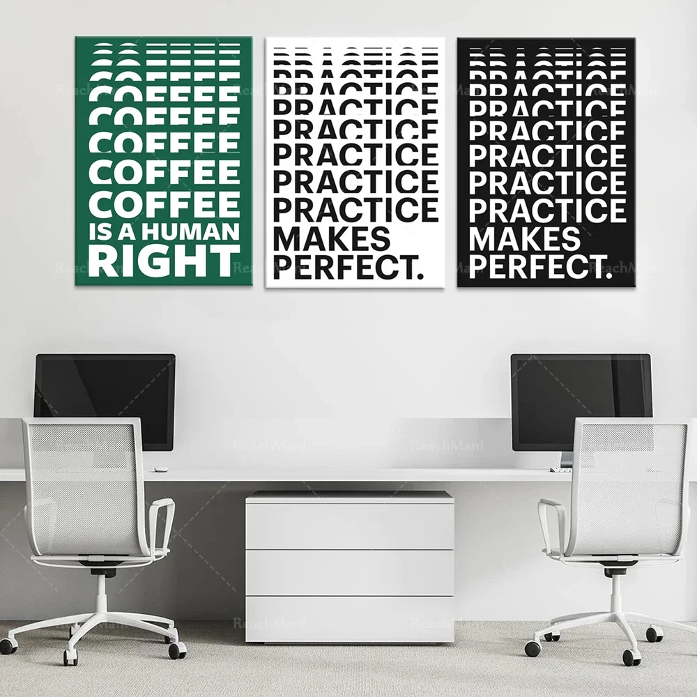 Coffee is a human rights poster. Gift for coffee lover, practice makes perfect, quote, inspirational, set motivation poster.