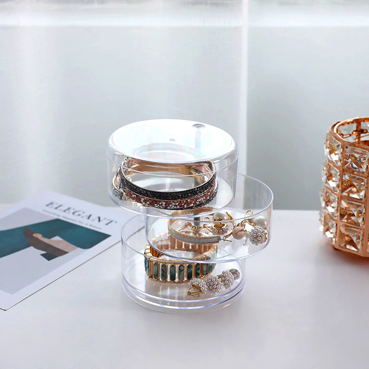 

1 шт. 3-слойный прозрачный вращающийся футляр для ювелирных изделий, настольный органайзер для хранения, пылезащитный контейнер с вращением на 360 градусов для сережек