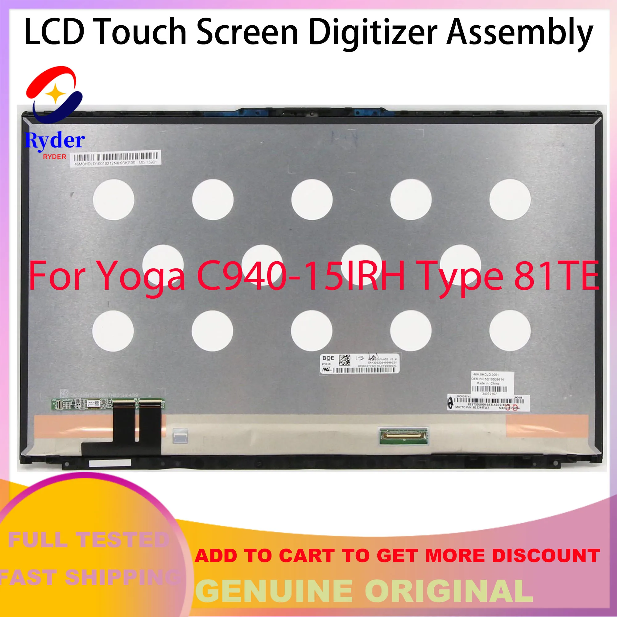 15.6' Inch Laptop Display Panel For Lenovo Ideapad C940-15IRH 81TE 5D10S39614 5D10S39615 LCD Touch Screen Replacement Assembly