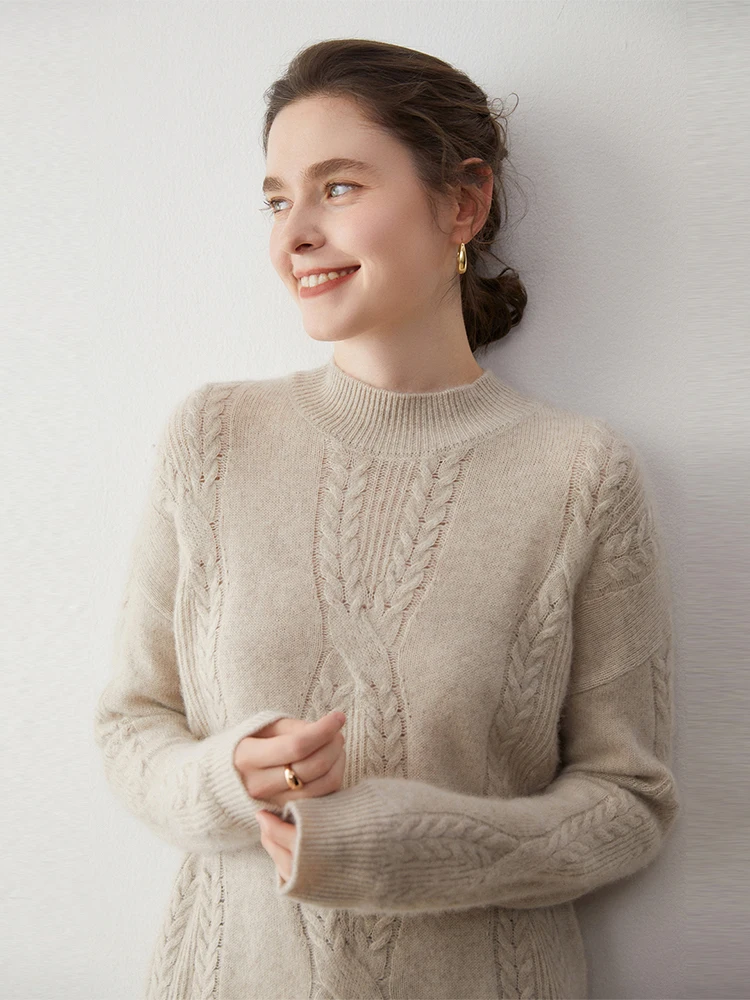 

Woman Clothing Autumn Winter 100% Cashmere Sweater Half High Collar Pullover Cable Stitch Knitwear Wheat pattern Grace Warm Soft