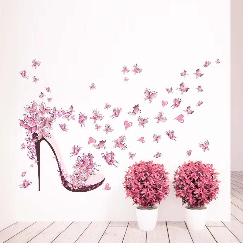 Creative Shoes Butterflies Flower Wall Stickers for Girls Bedroom Decorative Stickers DIY Home Decoration Pink Dream PRINNESS