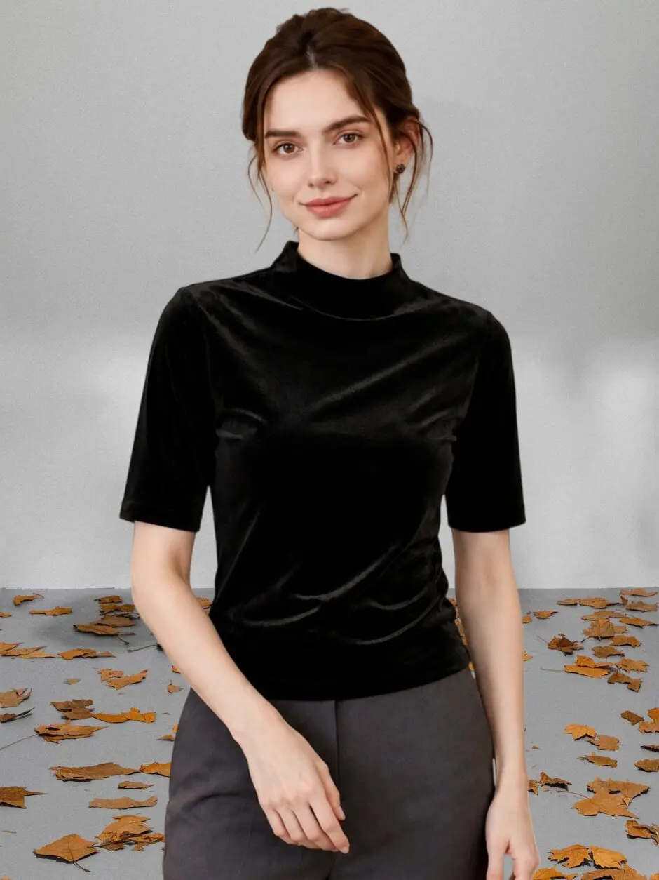 Korean Style Velvet Stand Collar T-Shirt Women's Spring Autumn Slim Fit Base Shirt Five Sleeve Split Arm Casual Fashion