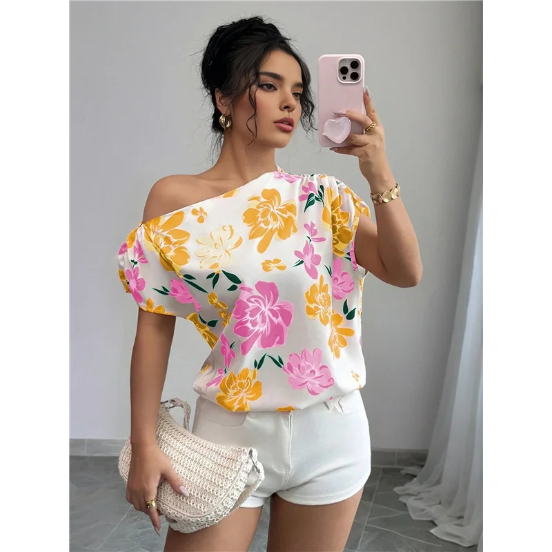 NUEVO-Blusa de verano con estampado floral fruncido y manga corta con hombros descubiertos para mujer