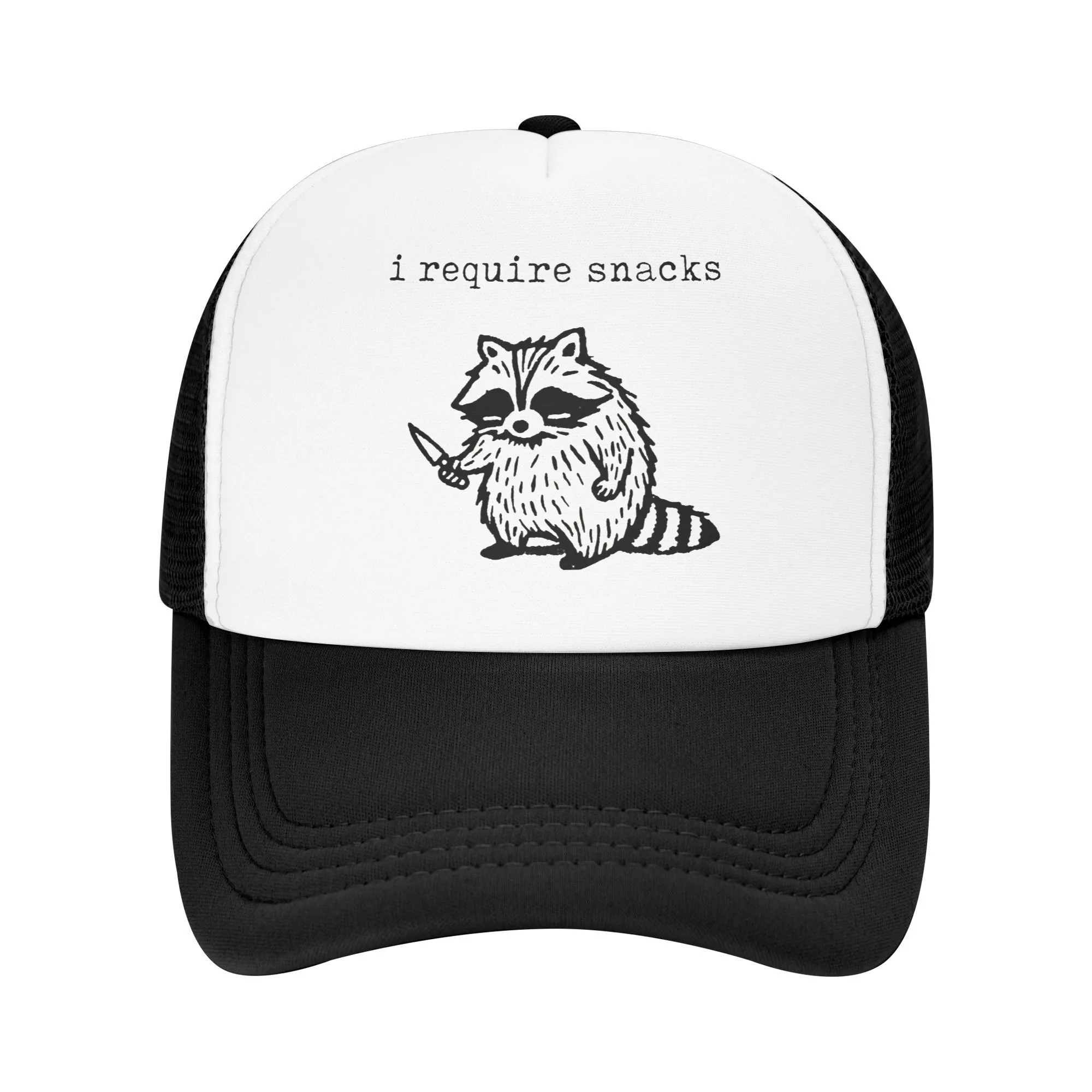 Raccoon I Require Snacks Trucker Hat Unisex Adjustable Breathable Black White Summer Cap