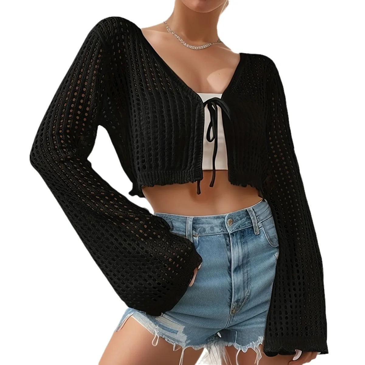 Women's Hollow Out Tie Front Crop Cardigan Sweater,Summer Tops,Women's Knit Clothing, Downtown Girl Clothes, Crochet Tops