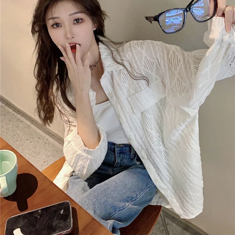 GIDYQ Fashion Crochet White Shirt Women Korean Style Casual Streetwear Loose Tops Y2K Elegant Design Female Shirt Spring New