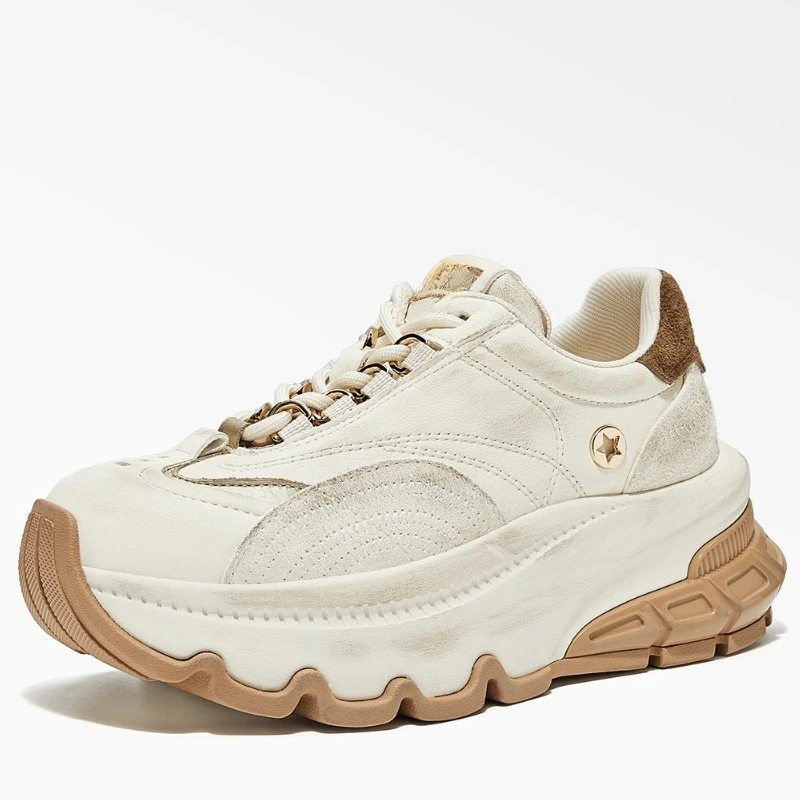 

European Fashion Casual Shoes Women's Retro Thick Soled Height Increasing Shoes Genuine Leather Comfortable Breathable Dad Shoes