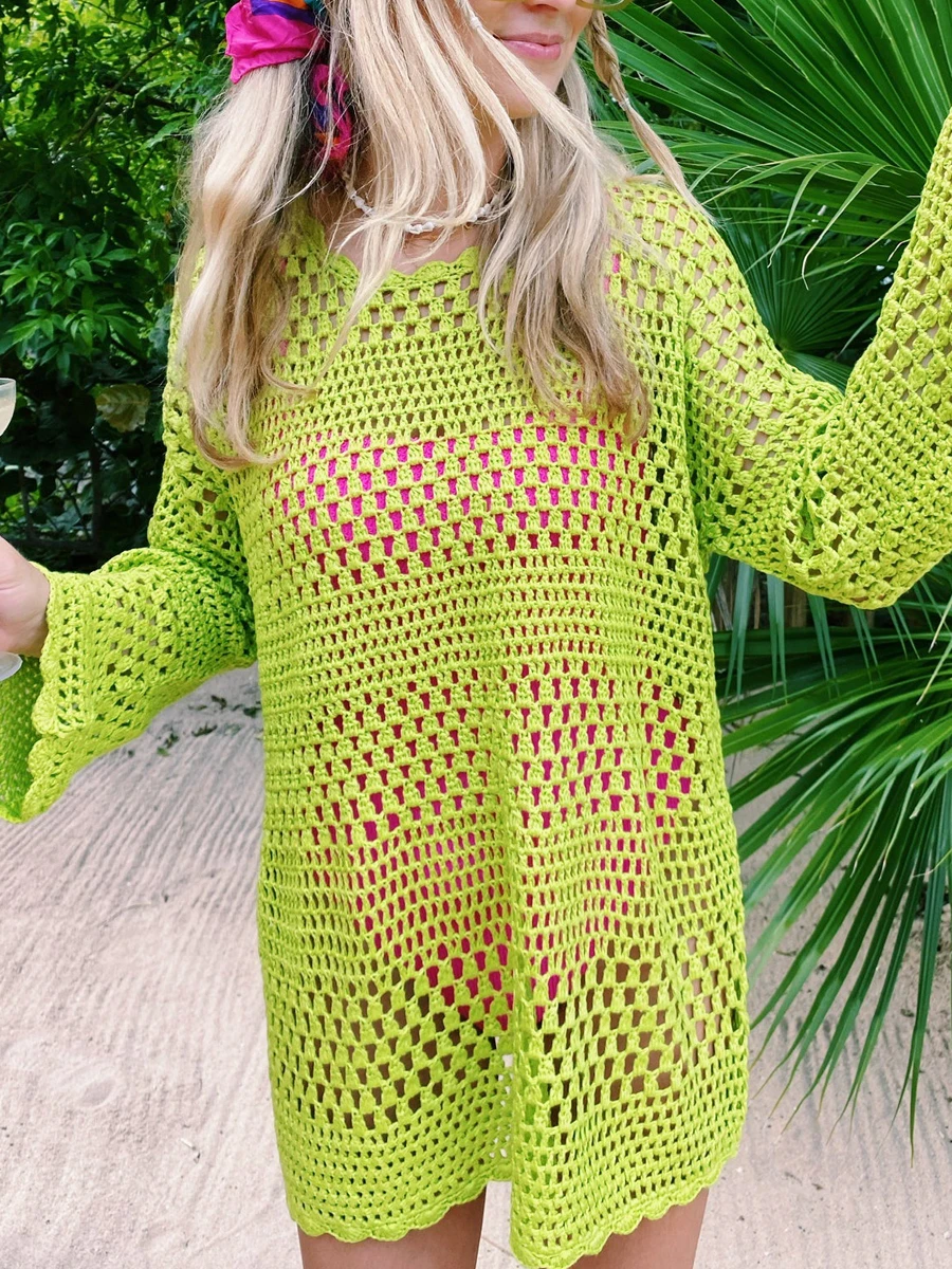 Women Long Sleeve Crochet Knit Mini Dress Colorful Bikini Cover Ups Dress Sexy Hollow Out Beach Tunic Dress