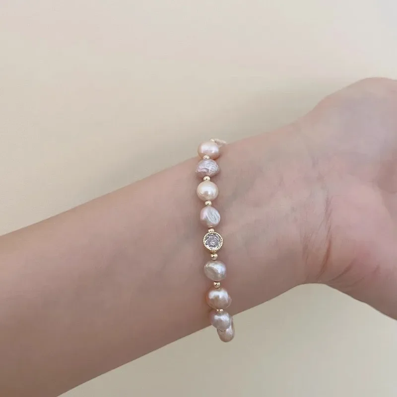 

Baroque Special-shaped Pink-purple Freshwater Pearl Beaded Bracelet Women's Light Luxury Niche Design Sense Fashion Zircon Brace