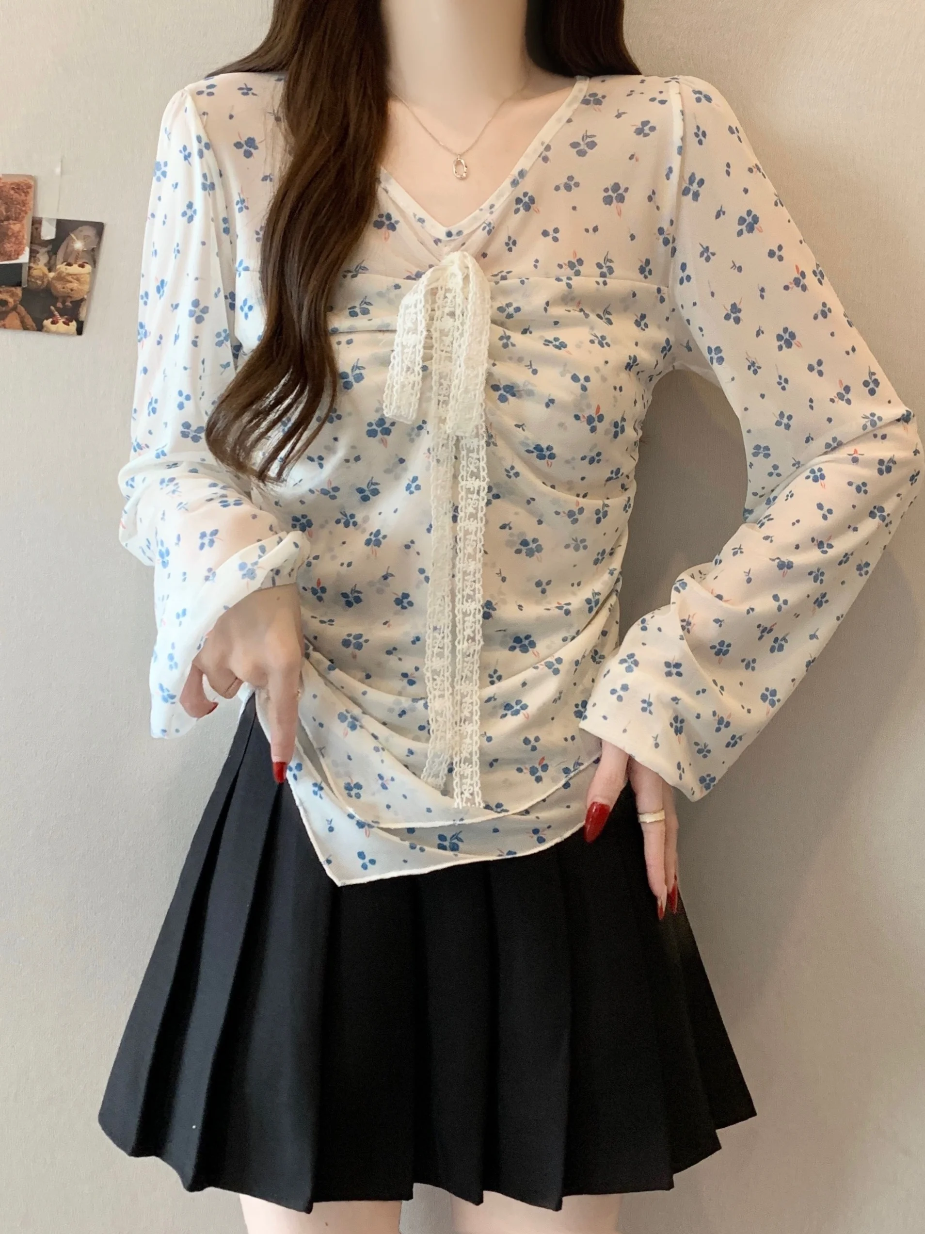 

plus Size Floral Print Long Sleeve Shirt V Neck Tie Waist Spring Summer New Style Korean Style Office Commute Universal Fit