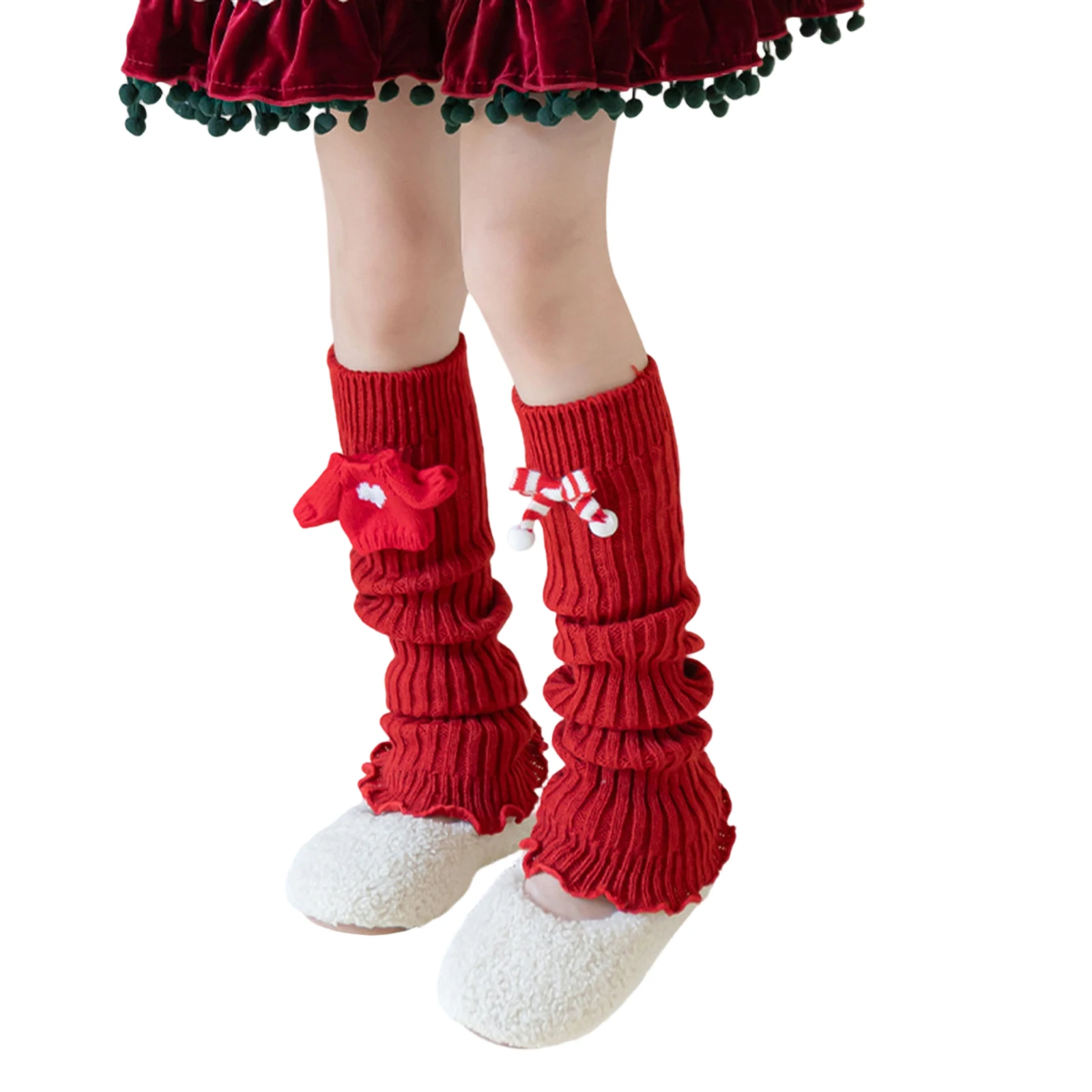 

Girl Leg Warmers with Plaid Bow and Santa Hat Doll Embellishments Kawaii Knit Ribbed Knee Socks