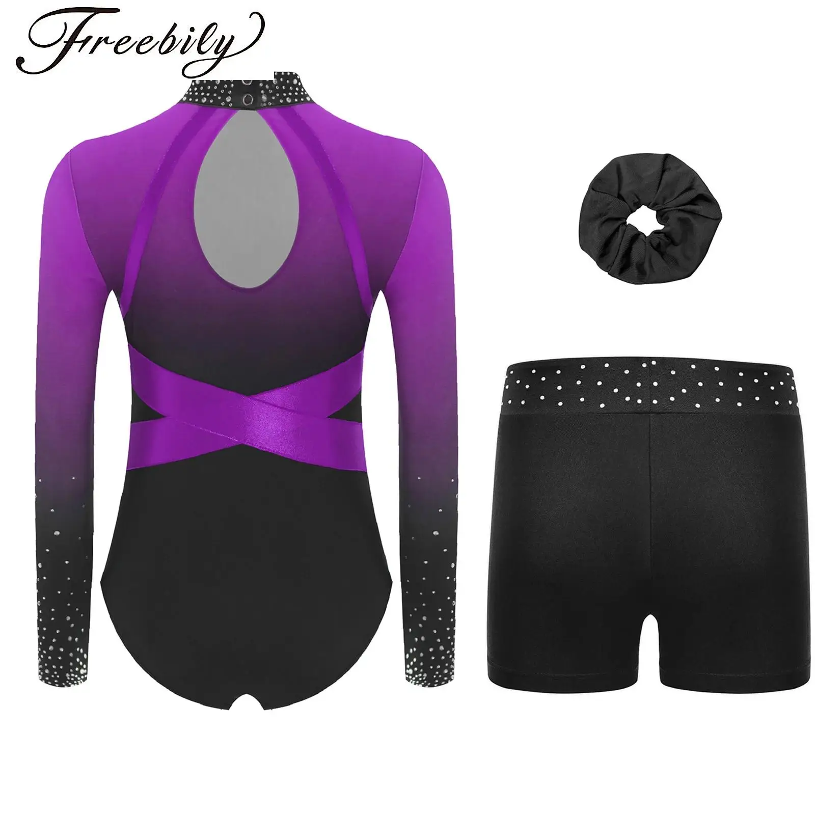 

Girls Ballet Gymnastics Dance Outfit Long Sleeve Rhinestone Leotard Jumpsuit Shorts Hairband Yoga Unitard Figure Skating Costume