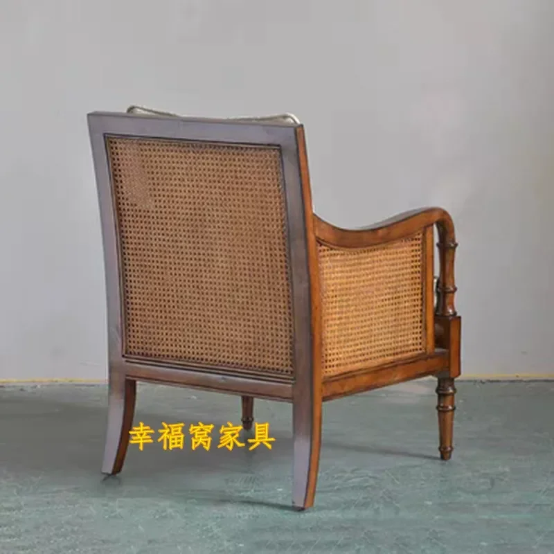 American Rural Solid Wood Retro Fabric Single Sofa Rattan Balcony Leisure Chair Studio Bed and Breakfast Sofa Chair