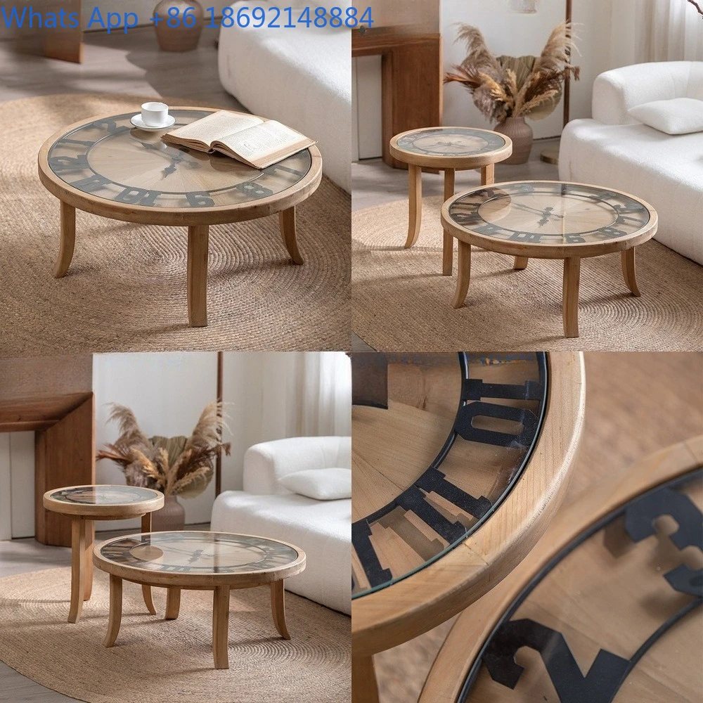

Vintage Style Living Room Clock Coffee Table with Glass Japanese Solid Wood Side Table for Sofa Retro Round Table