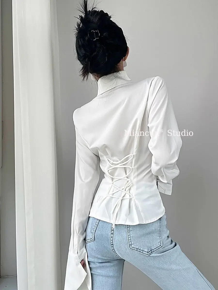 قميص نسائي لخريف 2025 قمصان بخصر نحيف وأربطة أنيقة على الموضة الكورية بياقة مقلوبة قمصان De Mujer #5