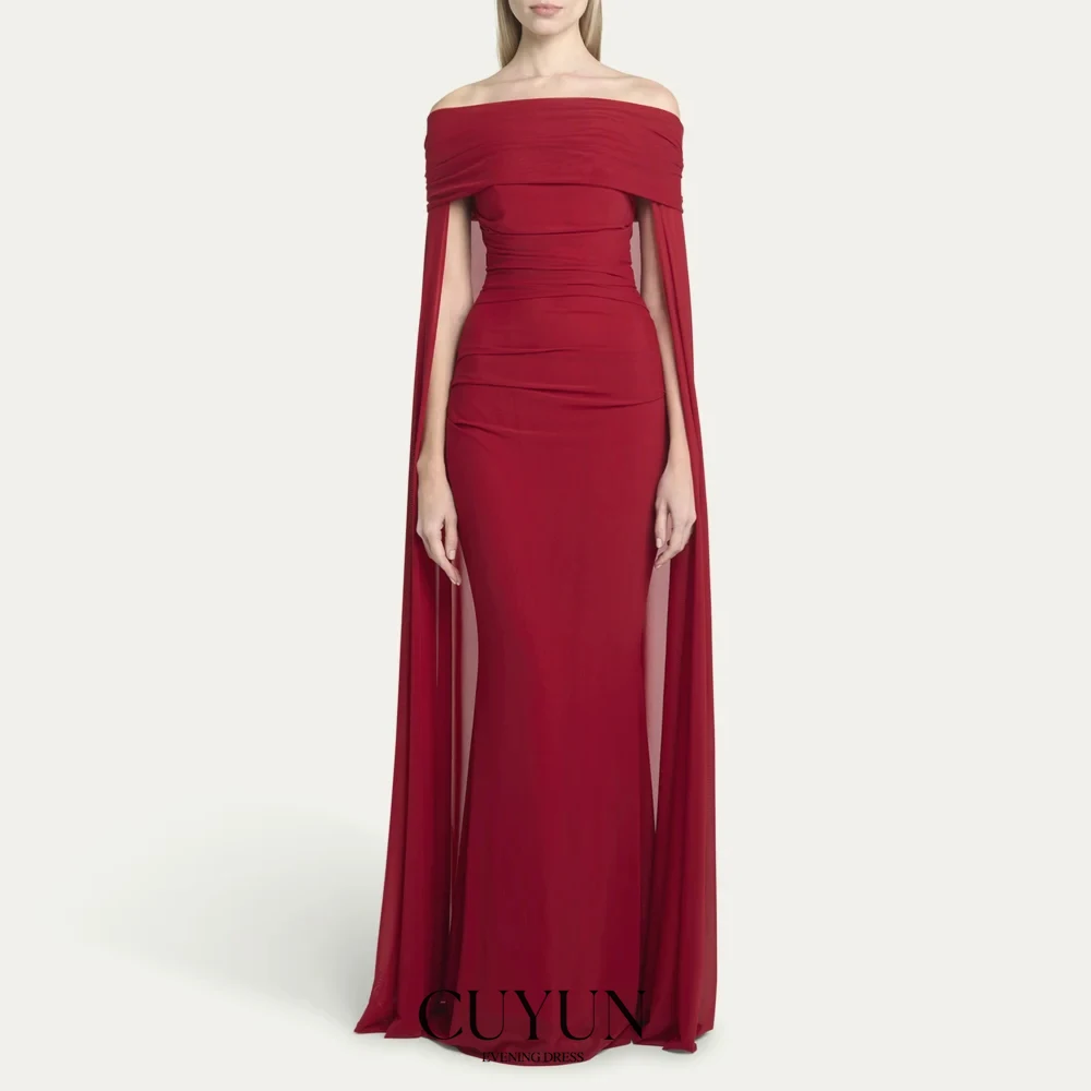 

CUYUN Boat Neck Red Prom Dresses Off-Shoulder Mermaid Formal Evening Dress Customized Women Special Occasion Gown