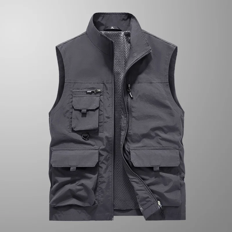 Men's Large Size Quick-Drying Vest Sleeveless Stand-Up Collar Multi-Pocket Workwear Waistcoat for Spring And Autumn