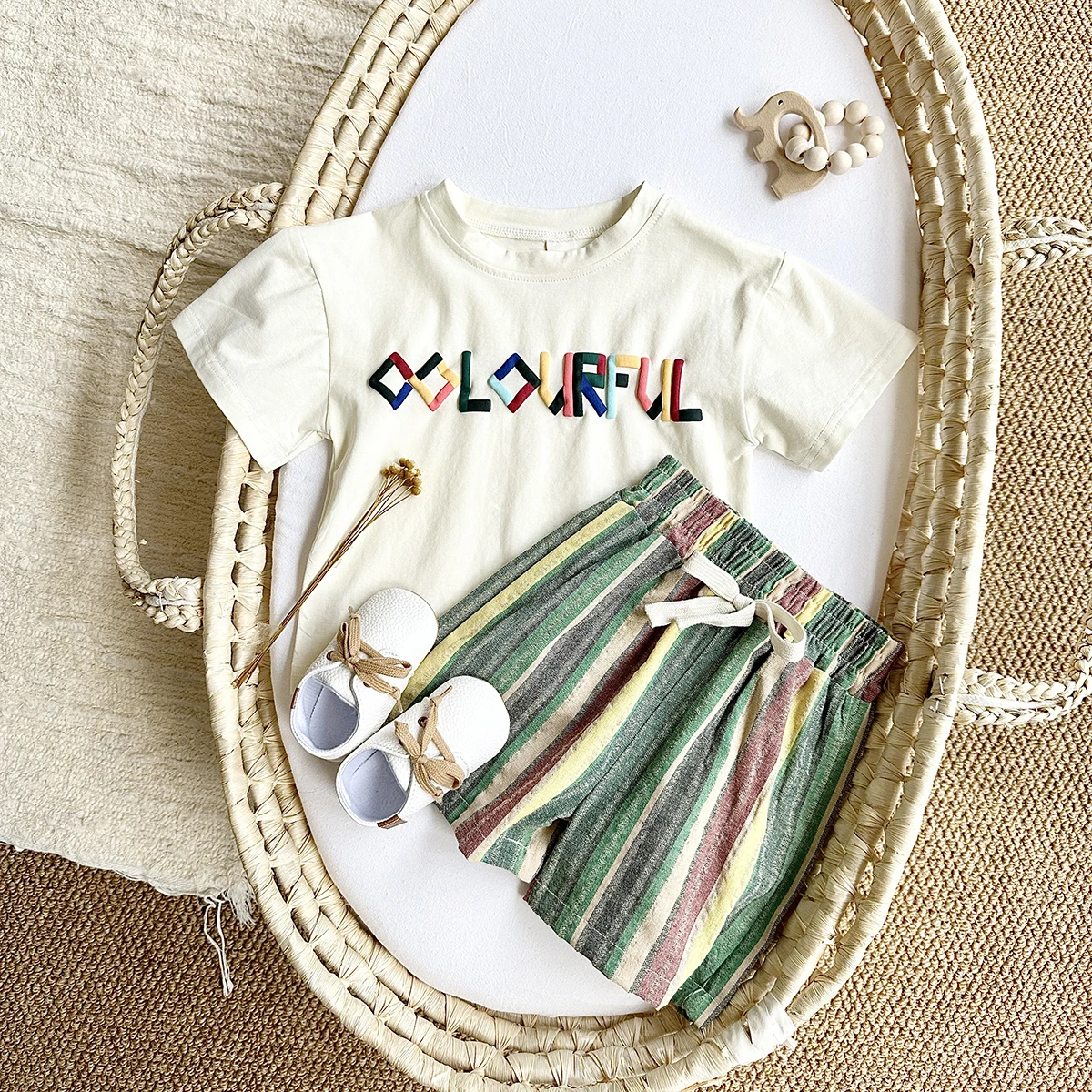 2024 Summer Newborn Boys Infants Clothing Set Short sleeved T-shirt+Shorts Girl Vacation Colorful Stripe Letter 2PCS