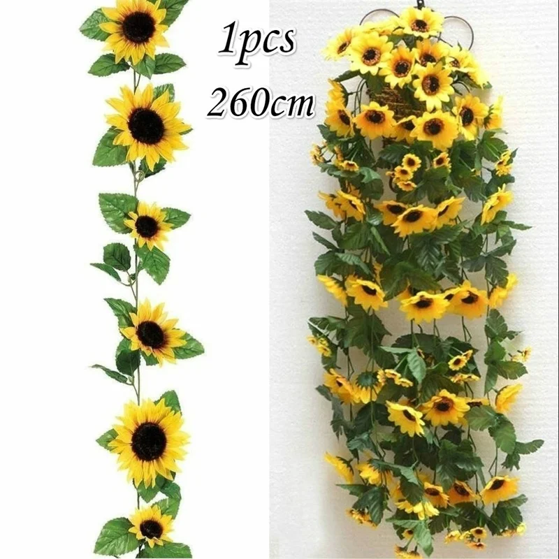 2.6M Yellow Sunflower Vine Hanging Artificial Flowers Garland Leaves Fake Silk Flowers For Party Wedding Home Decoration