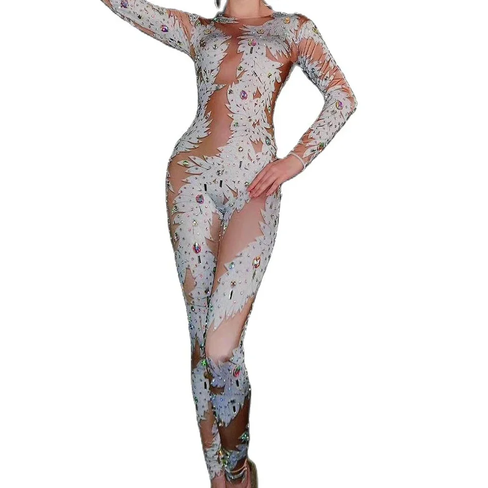 Performance Party Celebrate Backless Bodysuit Nightclub Prom Birthday Outfit Sparkly Stretch Rhinestone Appliques Jumpsuit