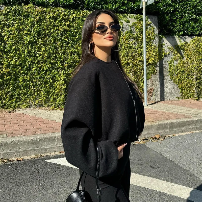 MUJER Černé bomber bundy pro ženy na zip, univerzitní bundy pro ženy, měkké zkrácené bundy, žena 2025 s dlouhým rukávem, zimní kabát pro ženy - náhled 2