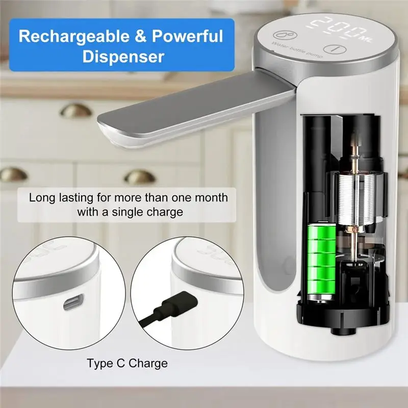 A66T-Water Pump For5 Gallon Jug Foldable Electric 1200Mah Rechargeable Automatic Stop Touch Button 3 Quantitative Settings