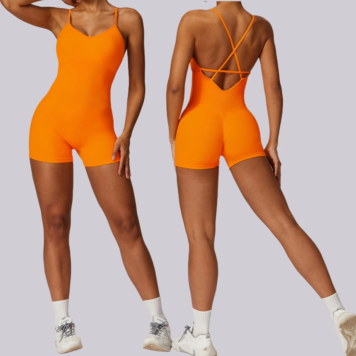 

One Piece Workout Romper for Women Yoga Gym Seamless Padded Scrunch Strappy Backless Bodycon Tummy Control Short Jumpsuits