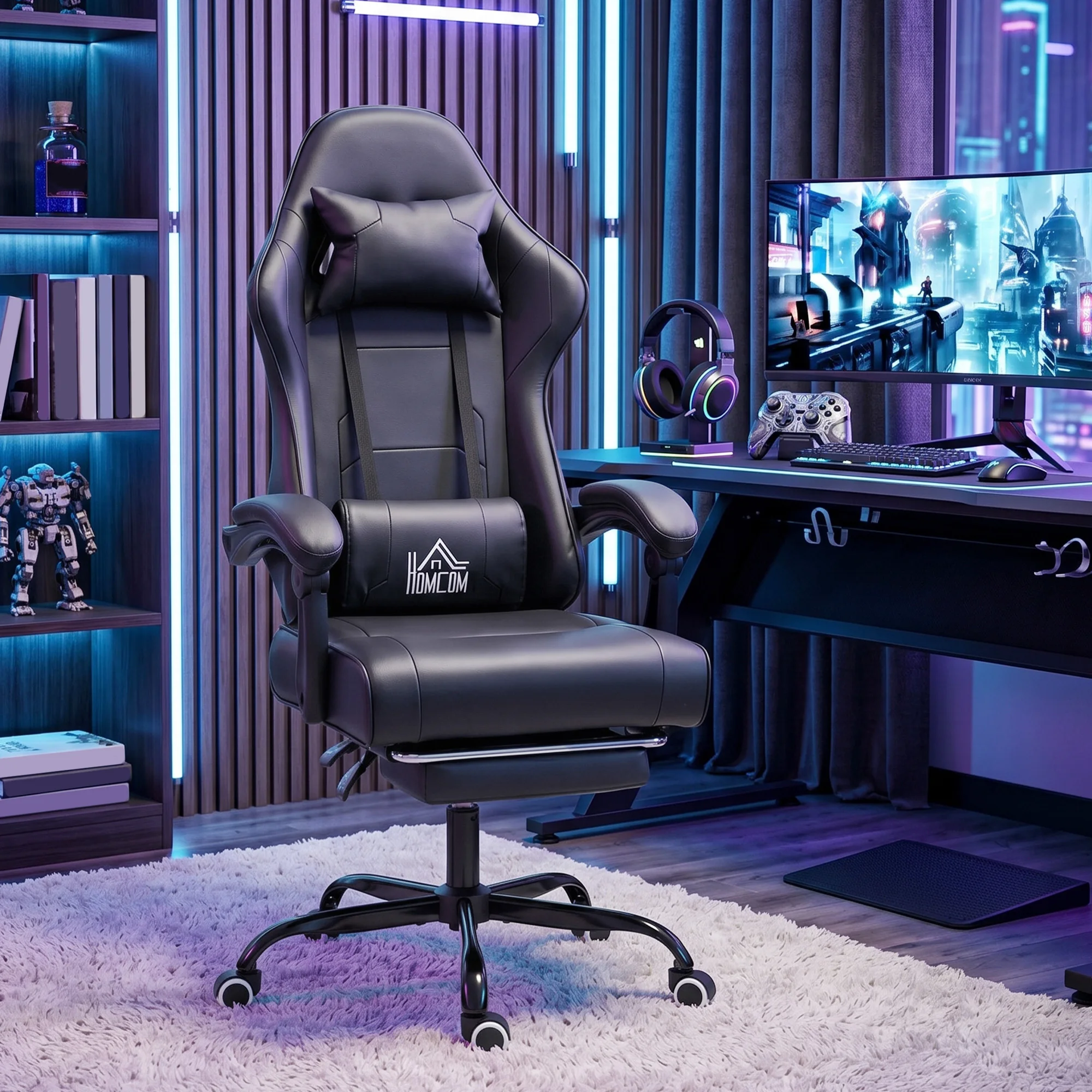 Chaise de jeu avec dossier ergonomique, appui-tête et coussin lombaire, chaise de jeu avec support lombaire massant, dossier réglable, noir