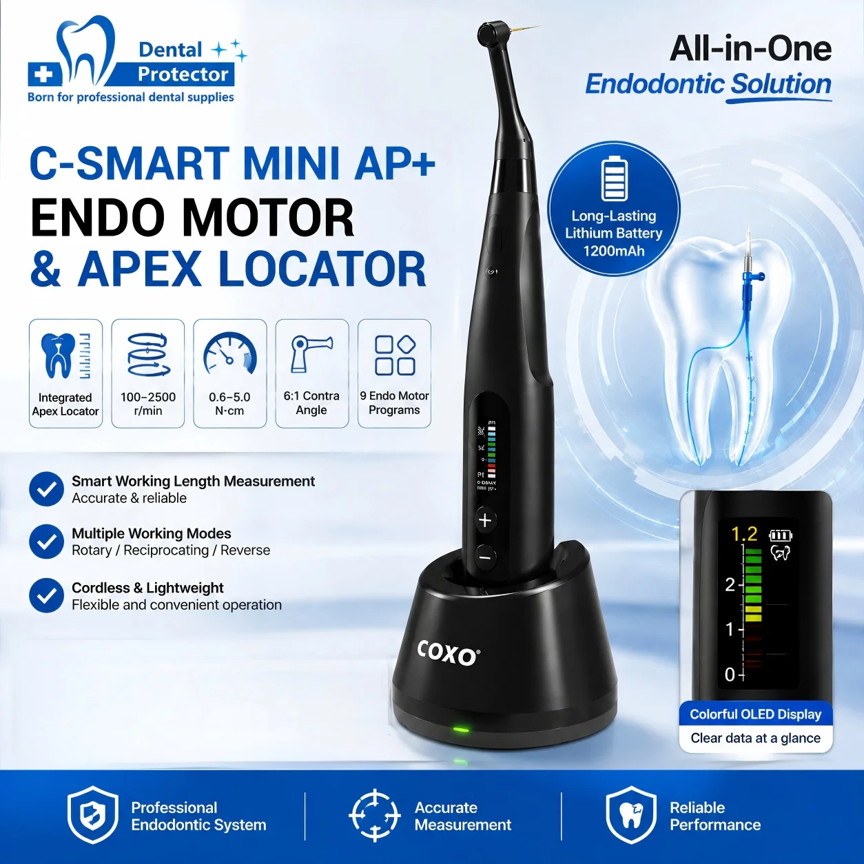 COXO C-SMART MINI AP+ Dental Endo Motor with Integrated Apex Locator 6:1 Contra Angle Brushless Root Canal Motor
