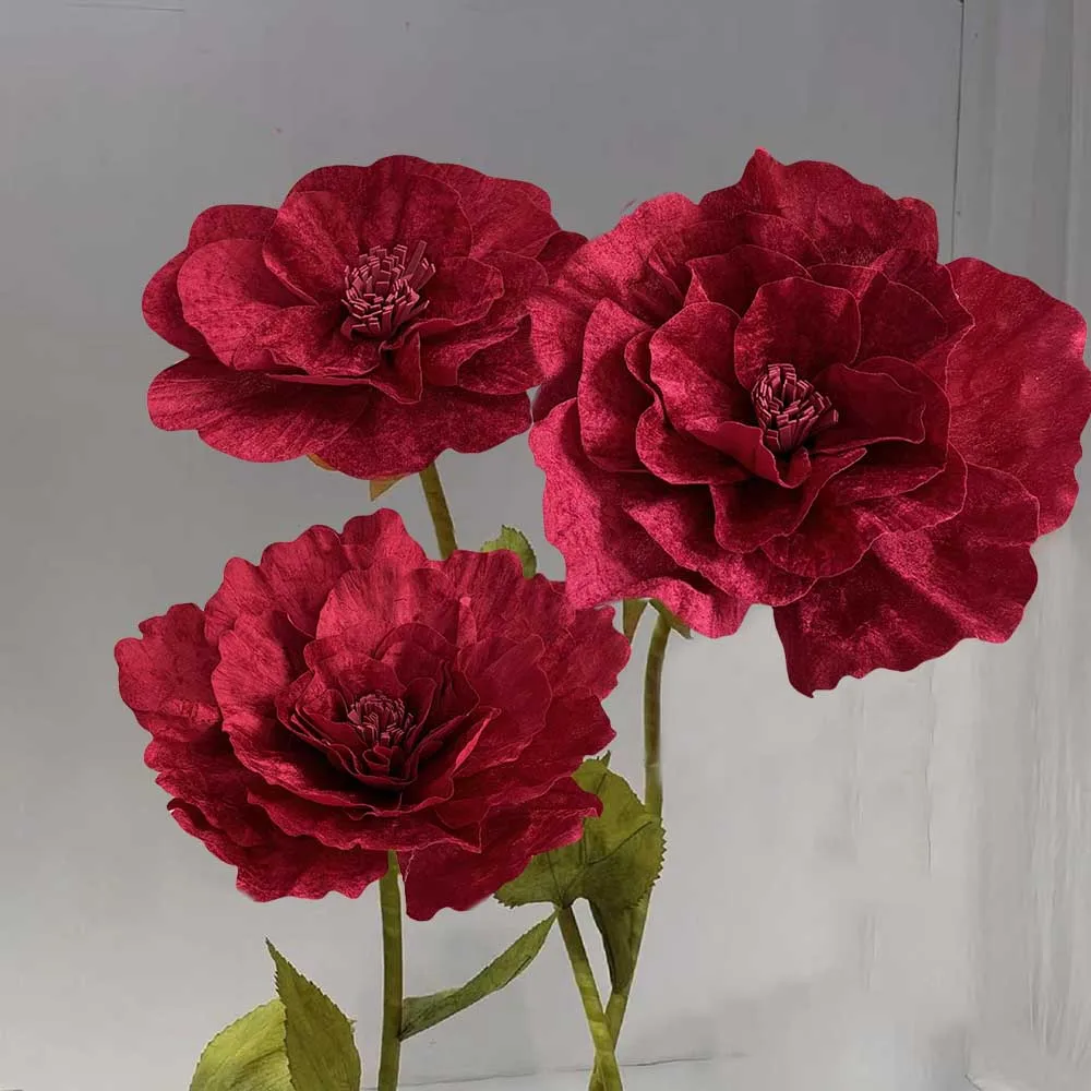 Large Artificial Velvet Peony Flower Valentine's Day Window Display Background Burgundy Artificial Rose Large Flower Wedding