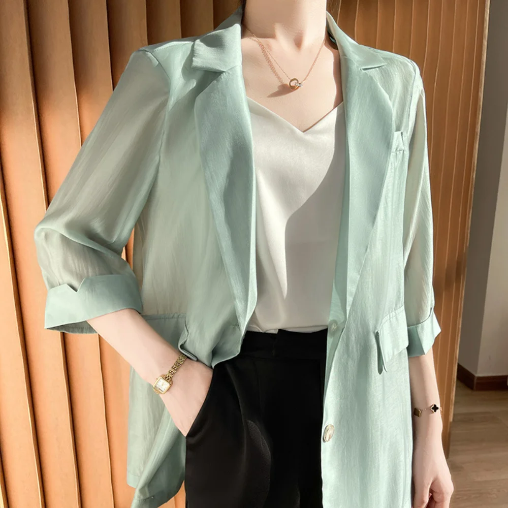 Summer Thin Lyocell Blazers Sun Protection Clothing Women Mulberry Silk Suit green Breathable Large Size Light Commuter Style