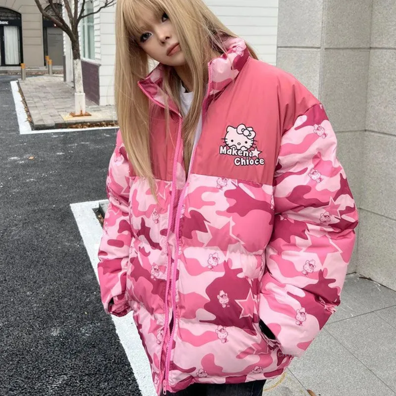 Sanrio Hello Kitty American Style Winter Cotton Jacket Color Blocked Women's Cotton Coat Camouflage Trendy Coat Couple Clothing