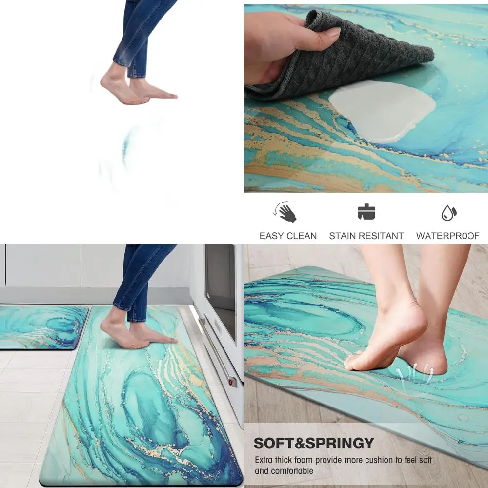 

Набор из 2-х кухонных ковриков против усталости бирюзового мрамора и золота, нескользящие мягкие коврики из ПВХ, 17,3x29x0,4 дюйма и 17,3x59x0,4 дюйма