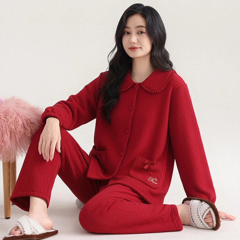 High Quality Winter Women Pajamas Set Air Clip Cotton Pijama Female Thick Turn-down Collar Sleepwear