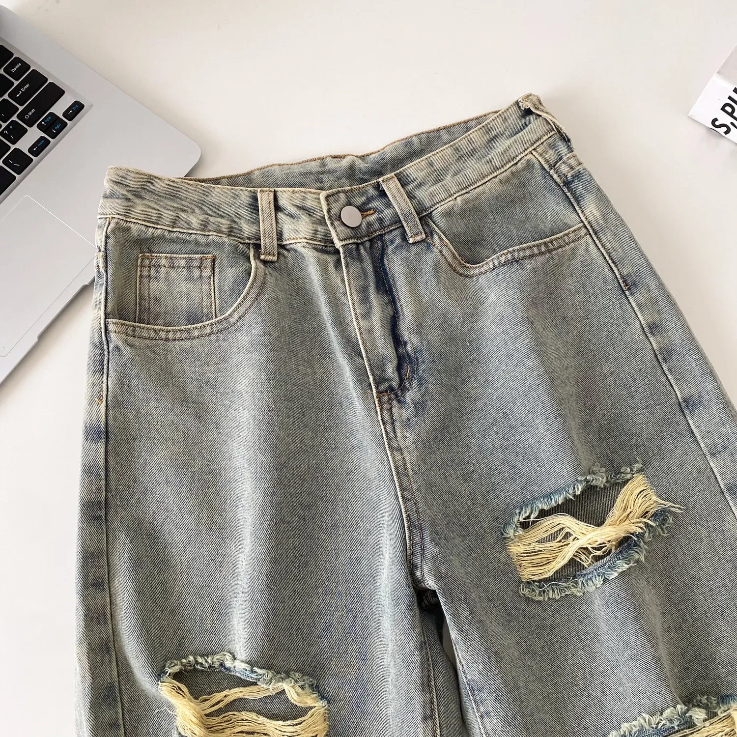 Ladies' Ripped Hole Denim Shorts High Waist Loose Five Quarter Jeans 2026  Summer New Denim Shorts Casual Light Blue