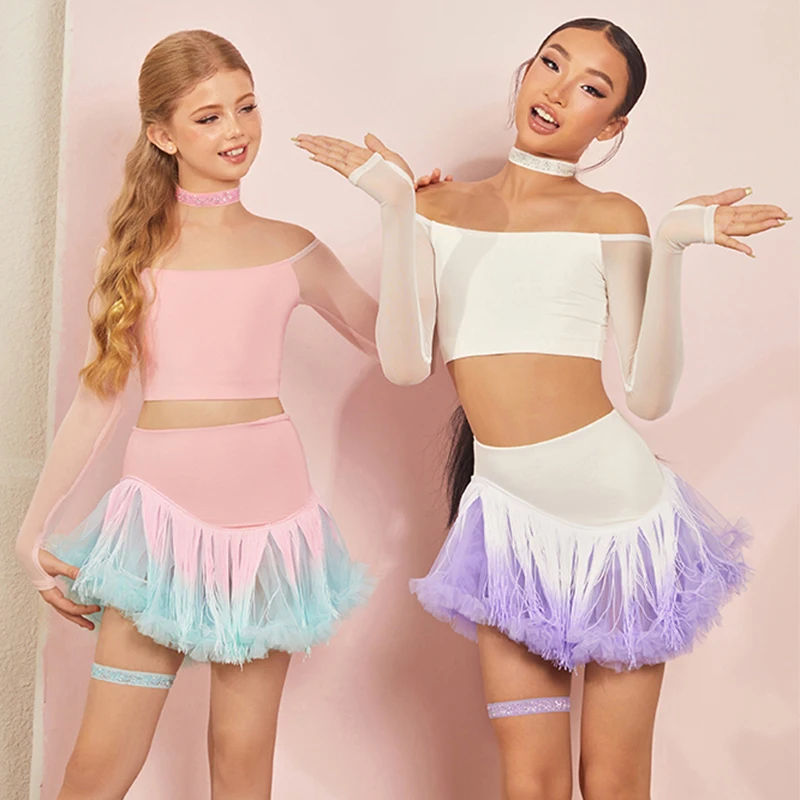 

2025 ZYM Latin Dance Clothes Kids Girls Boat Neck Short Tops Fluffy Fringe Skirt Cha Cha Dance Performance Practice Wear NV24812