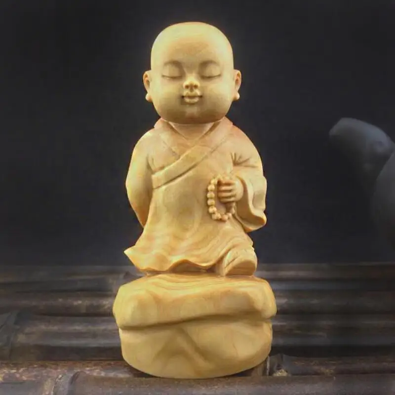 

China Boxwood carved Buddha statue young monk wooden crafts tea pets desktop ornaments modern exquisite handicraft