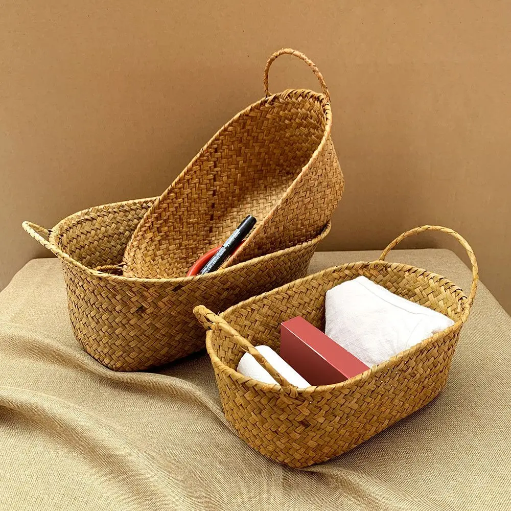 

Rattan Desktop Organizer Cosmetic Keys Snack Basket Coffee Table Entryway Handwoven Straw Home Decor Storage Cesta Mimbre