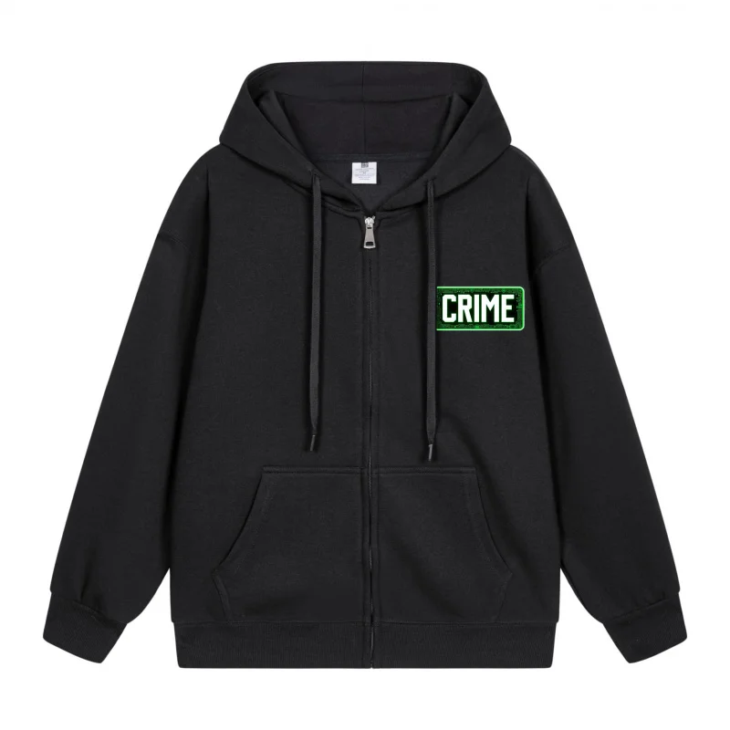 

Men's Zip-Up Hoodie Crime Printed On Black Hoodie 2025 New Style Casual Couples’ Style Casual and Loose